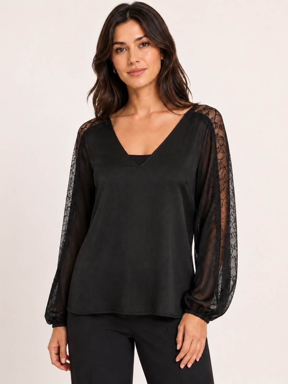 Dynamite Black Sheer Chiffon Lace Sleeve Open Back Blouse M
